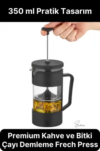 Premium Kahve ve Bitki Çayı Demleme Hazırlayıcı French Press Pratik Kulplu Demlik 350 ml Siyah
