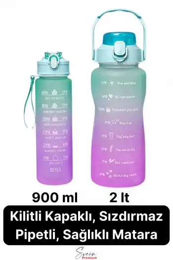 2li Pipetli Sızdırmaz Bpa free Motivasyon Sporcu Suluk Matara Günlük Su Şişesi 2 lt 900 ml