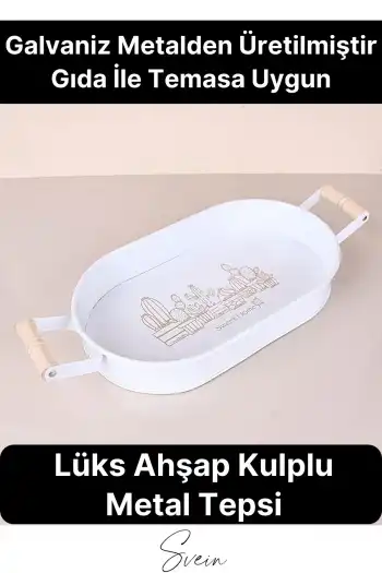 Lüks Ahşap Kulplu Geniş Metal Oval Krem Renk Servis Sunum Tepsi Sweet Home Yazılı Dekoratif Modern