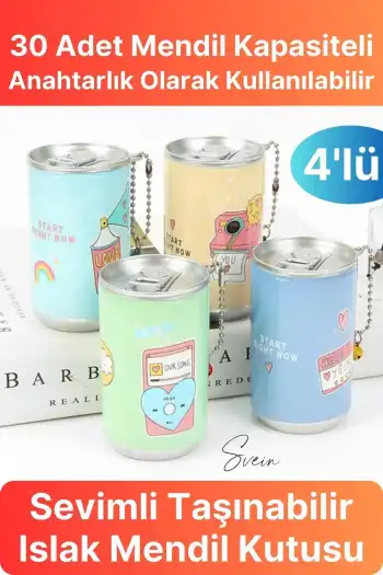 4lü Fenomen Sevimli Teneke Kutu Görünümlü Islak Mendil Saklama Kutusu Kabı Anahtarlık Çanta Süsü