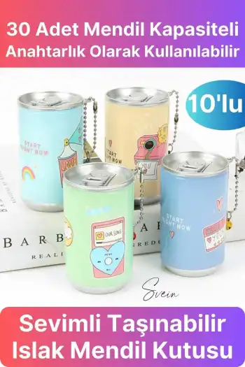 10lu Fenomen Sevimli Teneke Kutu Görünümlü Islak Mendil Saklama Kutusu Kabı Anahtarlık Çanta Süsü