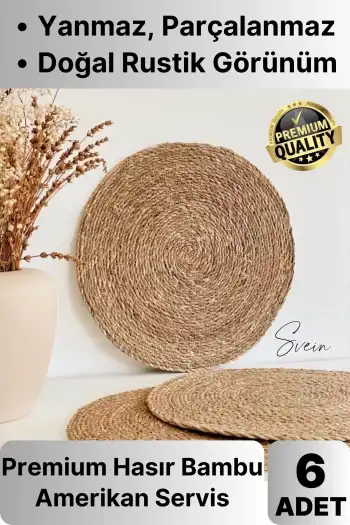 6lı Premium Yuvarlak Hasır Bambu Amerikan Servis Örme Supla Sofra Yemek Masası Yanmaz Tabak Altlığı