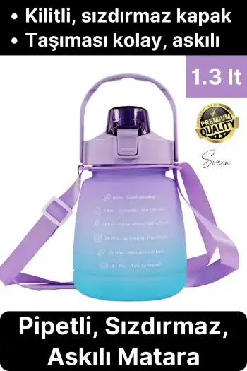 Askılı 1.3 Lt Pipetli Kilitli Sızdırmaz Kapak Tutacaklı Çift Renk Motivasyon Suluk Matara Kamp Okul