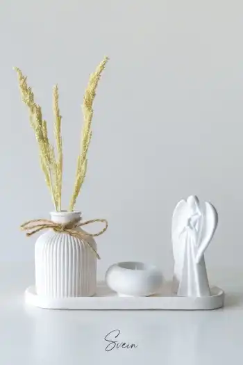 Premium Özel Tasarım Anneler Günü Özel Beyaz Melek Dekoratif Taş Sunumluk Mumluk Vazo Aksesuar Seti