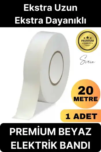 1 Ad. Premium Kalite 20 Mt Kablo Yalıtım PVC Elektrik Bandı Dayanıklı Sızdırmaz Koruma Bant Beyaz