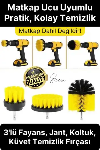 Premium 3lü Matkap Ucu Temizleme Fırça Seti Jant Fayans Mermer Küvet Koltuk Çok Amaçlı Temizlik