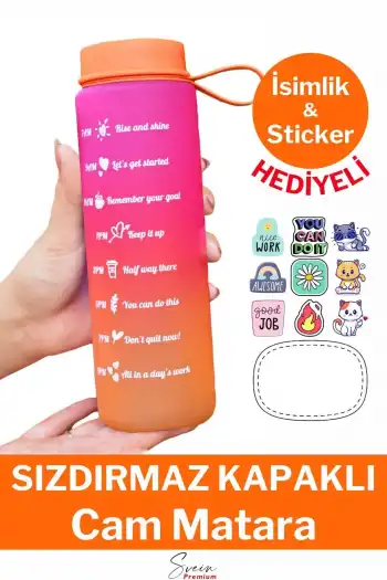 Premium Motivasyon 1. Kalite Sızdırmaz Renkli Yazılı Sporcu Cam Matara Kapaklı Su Şişesi Bpa İçermez