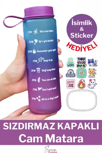 Premium Motivasyon 1. Kalite Sızdırmaz Renkli Yazılı Sporcu Cam Matara Kapaklı Su Şişesi Bpa İçermez