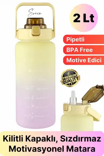 Premium 2 Lt Pipetli Kilitli Sızdırmaz Kapaklı Tutma Saplı Motivasyon Suluk Matara Sporcu Su Şişesi
