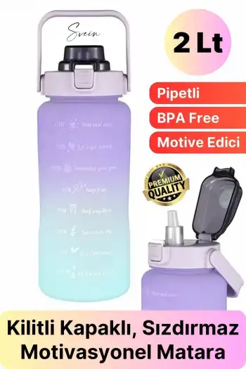Premium 2 Lt Pipetli Kilitli Sızdırmaz Kapaklı Tutma Saplı Motivasyon Suluk Matara Sporcu Su Şişesi