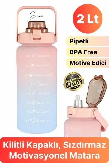 Premium 2 Lt Pipetli Kilitli Sızdırmaz Kapaklı Tutma Saplı Motivasyon Suluk Matara Sporcu Su Şişesi