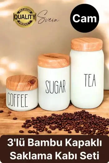 3lü Boy Vakumlu Bambu Kapaklı Cam Beyaz Kavanoz Seti Saklama Kabı Takımı Tuz Şeker Kahve Mutfak