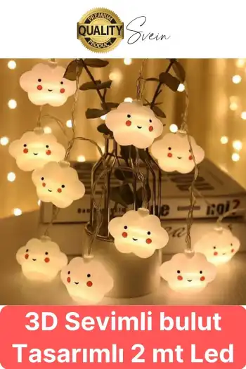 3D Sevimli Bulut Tasarımlı 2 Metre Şerit Zincir 10lu Led Işıklı Aydınlatma Dekor Süsleme Lamba