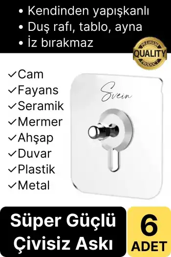 6 Adet Süper Güçlü Kendinden Yapışkanlı Tutunabilen Çok Amaçlı Çerçeve Tablo Banyo Duş Mutfak Askı