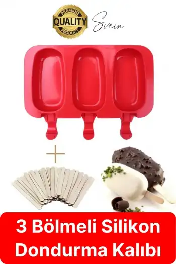 Premium 3lü Silikon Magnum Şeklinde Dondurma Yapma Kalıbı Ahşap Çubuklu Buzluk Puding Kabı Pratik