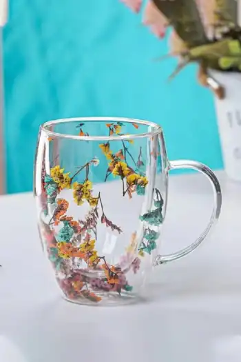 Özel Üretim Kurutulmuş Çiçekli Şık Dayanıklı Cam Kupa Bardak Hediyelik Kulplu Fincan 250 ml
