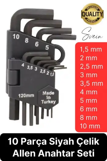 Premium 10 Parça Siyah Çelik 120 mm Allen Anahtar Seti Alyan Takımı Profesyonel Manuel Uzun Tamir