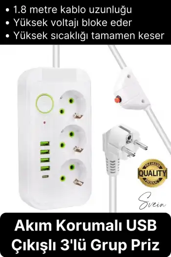 Premium Yeni Nesil Akım Korumalı 3lü Grup Priz Uzatma 4 USB Çıkışlı Bağlantılı Fiş 3000 Watt