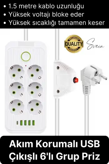 Premium Yeni Nesil Akım Korumalı 6lı Grup Priz Uzatma 4 USB Çıkışlı Bağlantılı Fiş 3000 Watt