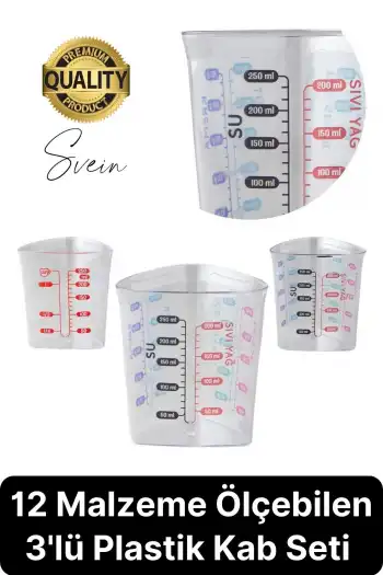 Premium 3lü Set Plastik Ölçü Kabı 12 Çeşit Malzeme Ölçme Şeffaf Mutfak Gereci Galeta Unu İrmik