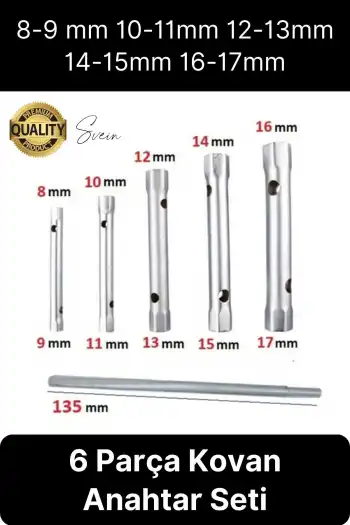6 Parça Kovan Tipi Lokma Anahtarı Buji Boru Seti Civata Çinko Kaplı Lavabo Montaj 8-17 mm Arası