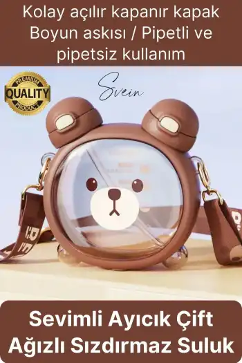 Sevimli Ayıcıklı Çocuk Suluğu Çift Kapaklı Pipetli Boyun Askılı Su Matarası Şişesi Kahve Sticker