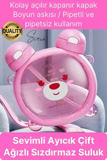 Sevimli Ayıcıklı Çocuk Suluğu Çift Kapaklı Pipetli Boyun Askılı Su Matarası Şişesi Pembe Sticker
