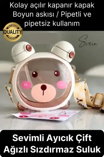 Sevimli Ayıcıklı Çocuk Suluğu Çift Kapaklı Pipetli Boyun Askılı Su Matarası Şişesi Beyaz Sticker