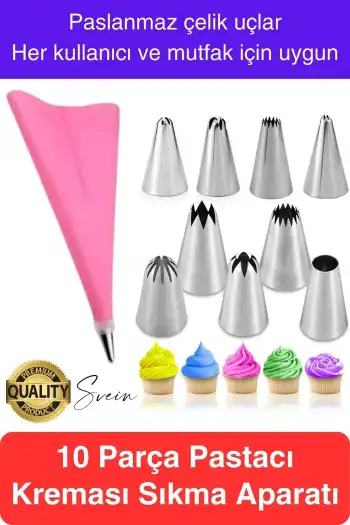 Uzun Ömürlü 10 Parça Paslanmaz Çelik Pasta Krema Sıkma Aparatı Seti Kesesi Torbası Dekoratif Süsleme