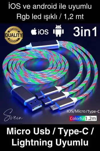 Özel Üretim Rgb Led Işıklı 3ü 1 Arada Şarj Kablosu Micro Usb Type-C Lightning Apple İphone Uyumlu