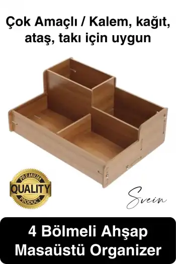 Özel Üretim 4 Bölmeli Masa Üstü Ahşap Kalem Kağıt Ataş Takı Organizeri Düzenleyici Kutu Ofis Masası