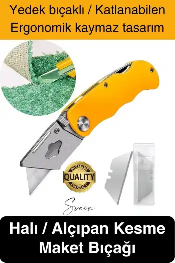 Premium Katlanır Dayanıklı Halı Maket Bıçağı Alçıpan Kesme Falçata Yedek Bıçaklı Çelik Çakı Tipi