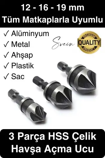 A Kalite 3 Parça Premium Havşa Açma Matkap Ucu Seti HSS Bits Uçlu Paslanmaz Çelik Kalın 12-16-19 mm