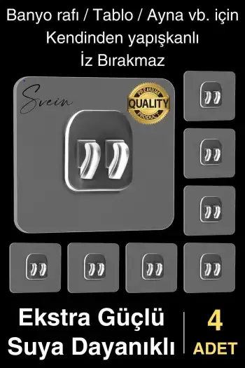 4 Ad. Ekstra Güçlü Kendinden Yapışkanlı İz Bırakmaz Suya Dayanıklı Banyo Rafı Tablo Ayna Askı Kanca
