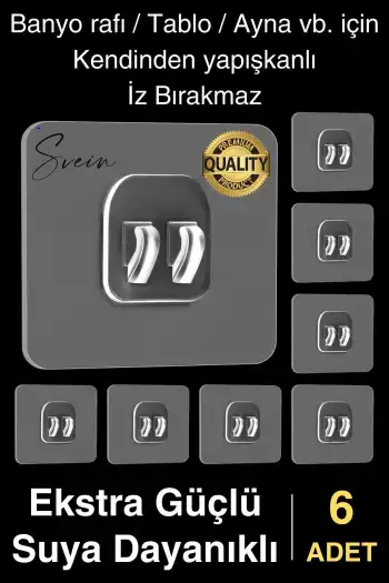 6 Ad. Ekstra Güçlü Kendinden Yapışkanlı İz Bırakmaz Suya Dayanıklı Banyo Rafı Tablo Ayna Askı Kanca