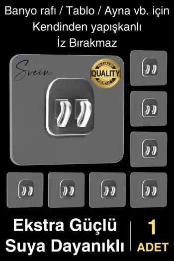 1 Ad. Ekstra Güçlü Kendinden Yapışkanlı İz Bırakmaz Suya Dayanıklı Banyo Rafı Tablo Ayna Askı Kanca