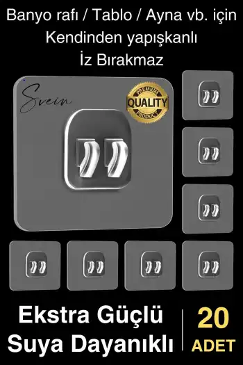 20 Ad. Ekstra Güçlü Kendinden Yapışkanlı İz Bırakmaz Suya Dayanıklı Banyo Rafı Tablo Ayna Askı Kanca