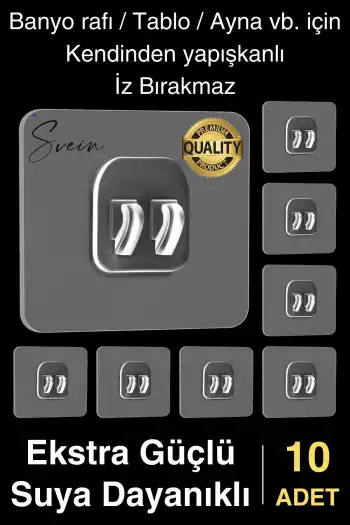10 Ad. Ekstra Güçlü Kendinden Yapışkanlı İz Bırakmaz Suya Dayanıklı Banyo Rafı Tablo Ayna Askı Kanca