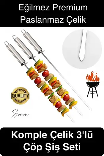3 Adet 40 cm Premium Paslanmaz Çelik Saplı Izgara Şişleri Et Tavuk Barbekü Kebap Mangal Adana Urfa
