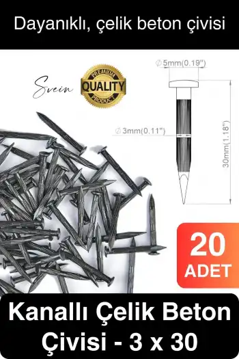 20 Adet 3x30 Kanallı Çelik Beton Çivisi 3 cm Duvar Saat Ayna Resim Tablo Asmak Ahşap Metal Sivri