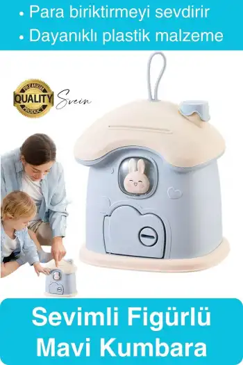 Sevimli Mavi Tavşan Figürlü Kilitli Çocuk Kumbara Bozuk Kağıt Para Saklama Kutusu Tasarruf