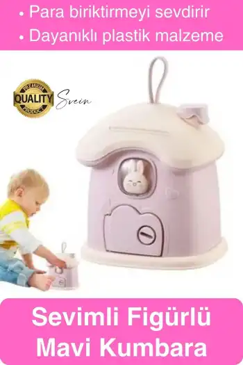 Sevimli Pembe Tavşan Figürlü Kilitli Çocuk Kumbara Bozuk Kağıt Para Saklama Kutusu Tasarruf