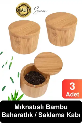 Premium Doğal Bambu Saklama Kabı Ahşap Baharat Kavanozu Kutusu Döner Kapaklı Mutfak Yuvarlak Tuz