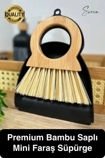 Yuvarlak Bambu Saplı Mini Süpürge Faraş Seti Masaüstü Süpürme Kürek Fırçalı Klavye Temizleme Küçük