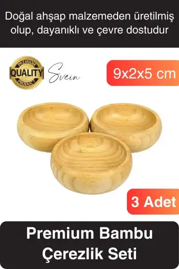 Premium 3lü Doğal Bambu Çerezlik Seti Ahşap Dekoratif Sade Kase Yuvarlak Atıştırmalık Kabı Sosluk