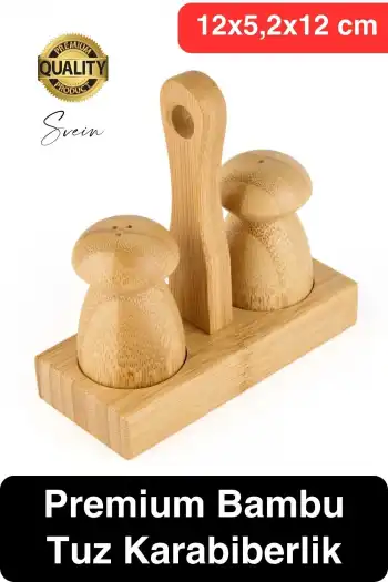 Özel Tasarım Standlı Bambu Tuzluk Karabiberlik 2li Mantar Set Baharatlık Biberlik Antibakteriyel