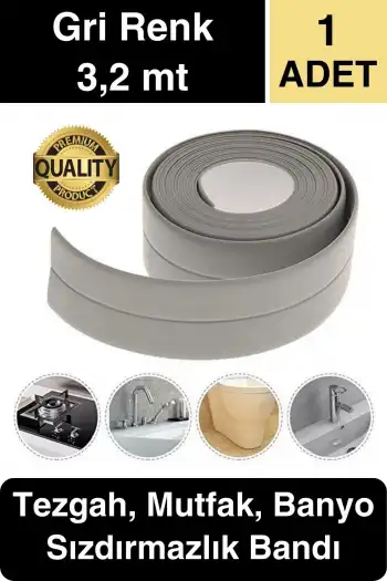 Premium Gri Ocak Tezgah Kenarı Banyo Mutfak Sızdırmaz Bant Su Geçirmez Küfe Dayanıklı 3,2 mt 1 Adet
