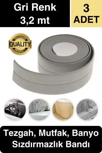 Premium Gri Ocak Tezgah Kenarı Banyo Mutfak Sızdırmaz Bant Su Geçirmez Küfe Dayanıklı 3,2 mt 3 Adet