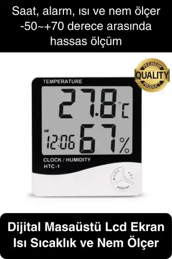 Premium Dijital Masaüstü Lcd Ekran Isı Sıcaklık ve Nem Ölçer Termometre Saat Alarm Pilli Beyaz