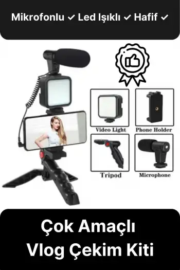 Ayarlanabilir Mikrofonlu Ses Kayıt Led Işıklı Çekim Selfie Çubuğu Canlı Yayın Tripod Vlog Çekim Kiti